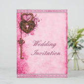 大きなロマンチックハートの鍵と鍵穴 ピンクのウェディング 招待状 (スタンド正面)