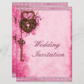 大きなロマンチックハートの鍵と鍵穴 ピンクのウェディング 招待状 (正面/裏面)