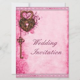 大きなロマンチックハートの鍵と鍵穴 ピンクのウェディング 招待状