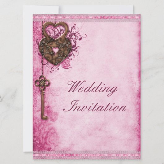 大きなロマンチックハートの鍵と鍵穴 ピンクのウェディング 招待状 (正面)