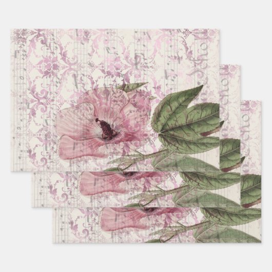 大きなヴィンテージピンクの花と音楽 ラッピングペーパーシート (セット)