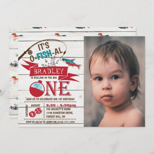 大きな一匹を釣り上げる！釣り1歳の誕生日写真 招待状 (正面/裏面)