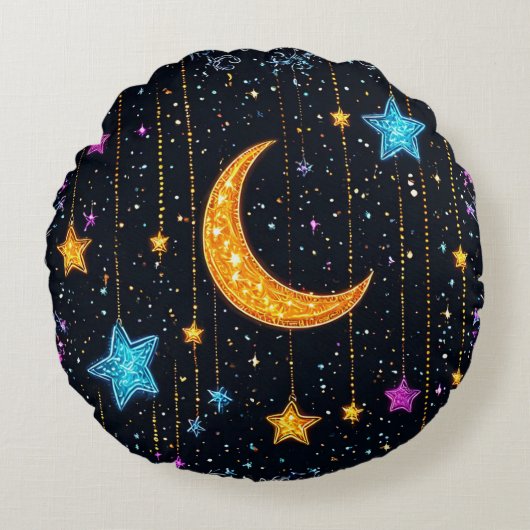 大きな三日月と多数の星 ラウンドクッション (正面)