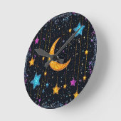 大きな三日月と多数の星 ラウンド壁時計 (傾斜)