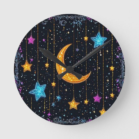 大きな三日月と多数の星 ラウンド壁時計 (正面)