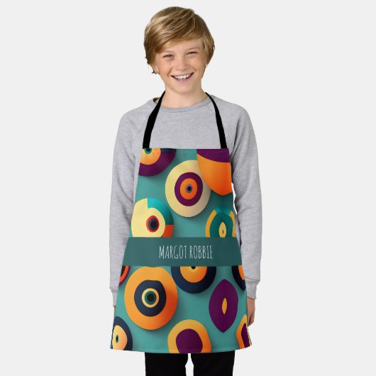 大きな円オレンジ色の青い幾何学的パターン エプロン (着用した状態)