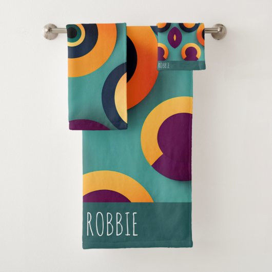 大きな円オレンジ色の青い幾何学的パターン バスタオルセット (インサイチュ)