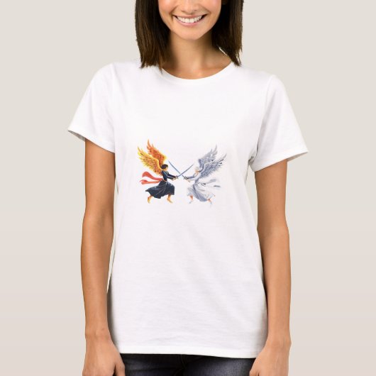 大きな剣を持つ翼を開いた二人の天使 Tシャツ (正面)