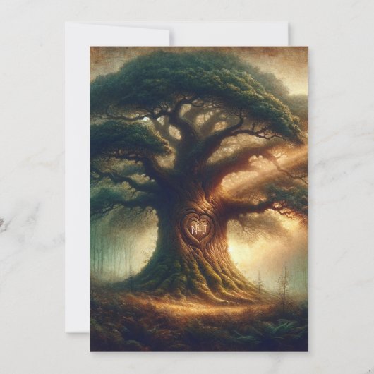 大きな古いオークの木の魅惑素朴の森結婚の 招待状 (裏面)