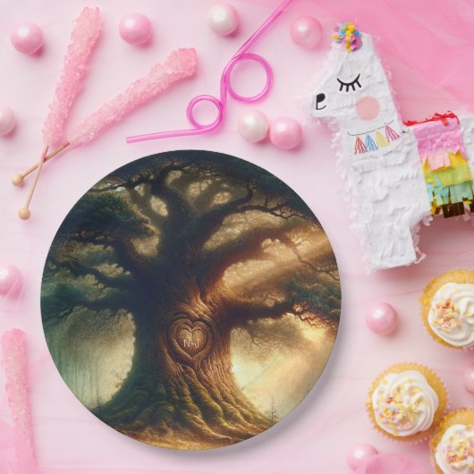 大きな古い樺の木に魅せられた素朴な森のウェディング ペーパープレート (パーティー)