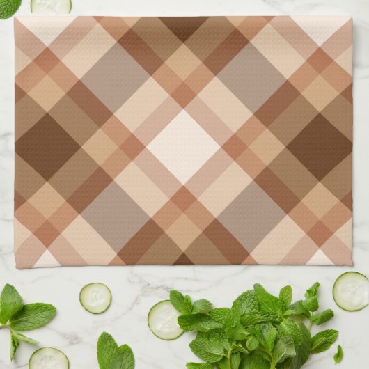 大きな対角線状の格子状の茶色、ベージュ、銅、およびタン キッチンタオル (折り畳み)