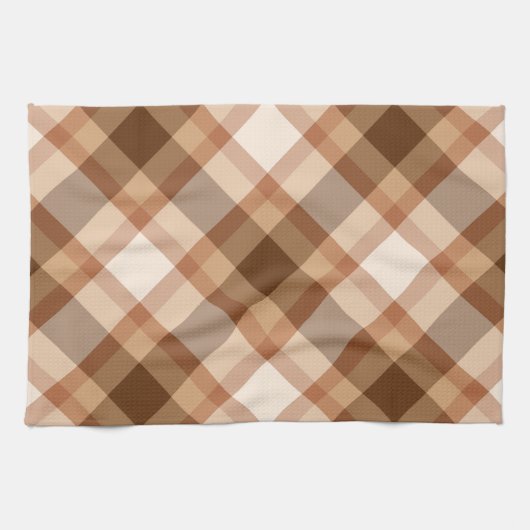 大きな対角線状の格子状の茶色、ベージュ、銅、およびタン キッチンタオル (横)