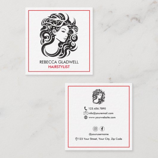 大きな巻き毛の女性ポートレート美容師 スクエア名刺 (正面/裏面)