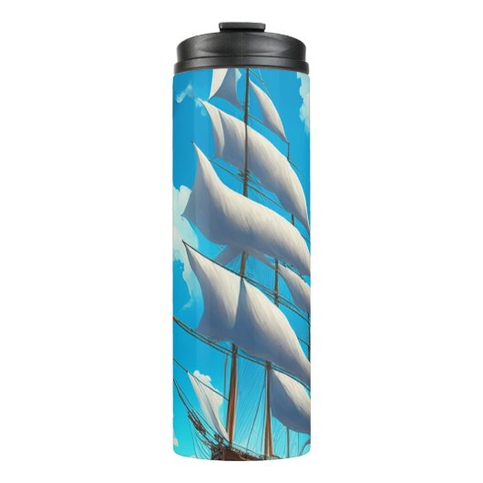大きな帆船、青い空、白ふわふわした雲 タンブラー (正面)