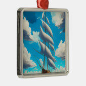 大きな帆船、青い空、白ふわふわした雲 メタルオーナメント (右)