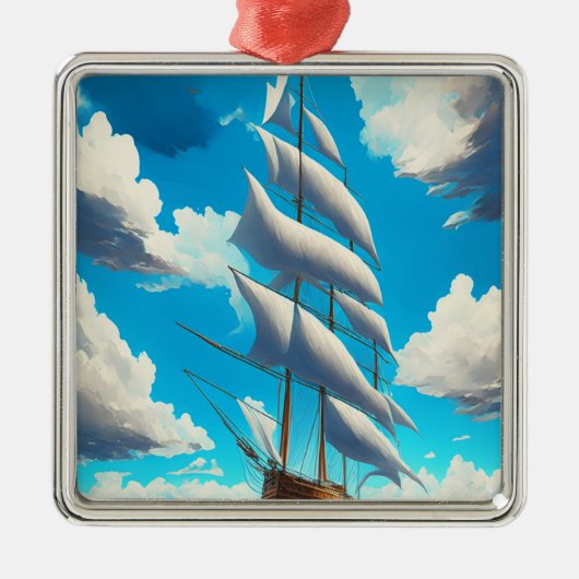 大きな帆船、青い空、白ふわふわした雲 メタルオーナメント (正面)