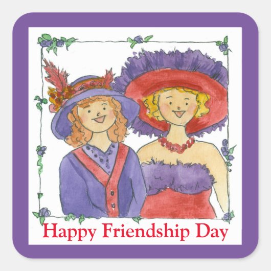 大きな帽子の幸せな友情の日の女性の赤紫 スクエアシール (正面)