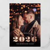 大きな年 |ハッピーニューイヤー写真バラ金ゴールド 箔シーズンカード (正面)