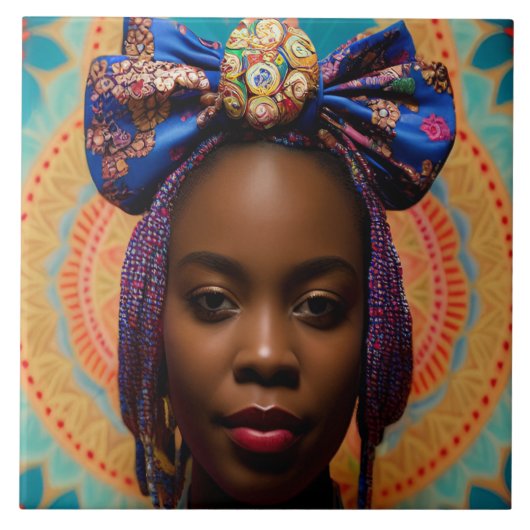 大きな弓とメダリオンを持つアフリカの女性 タイル (正面)