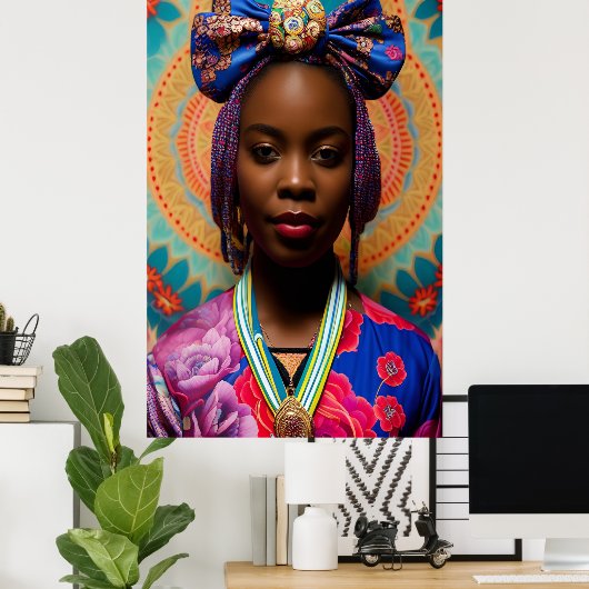 大きな弓とメダリオンを持つアフリカの女性 ポスター (ホームオフィス)