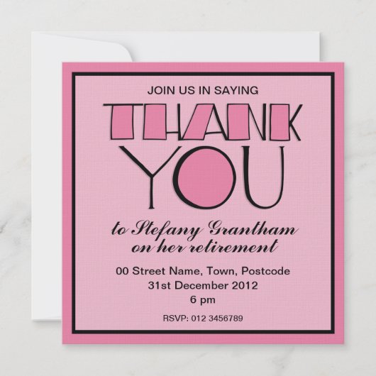 大きな感謝のピンクの退職のお知らせ 招待状 (正面)