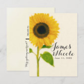 大きな手描きのひまわりがかわいい、素朴な田舎風の結婚式の「Save the Date」お知らせ 案内ポストカード (正面/裏面)