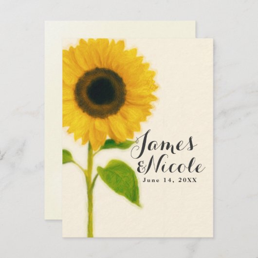 大きな手描きのひまわりがかわいい、素朴な田舎風の結婚式の「Save the Date」カード 案内ポストカード (正面/裏面)