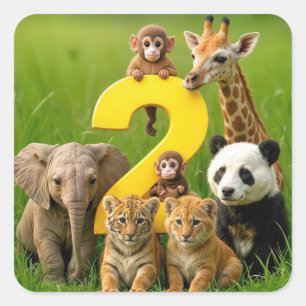 大きな数字の2と一緒にいる赤ちゃんアフリカの動物たち スクエアシール