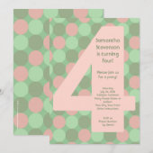 大きな数字4の女の子の4歳の誕生日パーティー 招待状 (正面/裏面)