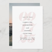 大きな日付と大きな写真が特徴の、バラ色のピンクのデザイン セーブザデート (正面/裏面)