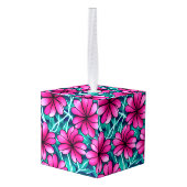 大きな明るいピンクの花柄 キューブオーナメント (裏面アングル)