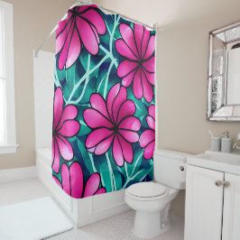 大きな明るいピンクの花柄 シャワーカーテン