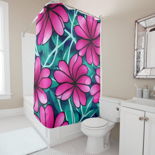 大きな明るいピンクの花柄 シャワーカーテン (インサイチュ)
