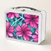 大きな明るいピンクの花柄 メタルランチボックス (正面)