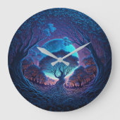 大きな月に照らされた神秘的な根の木 ラージ壁時計 (正面)