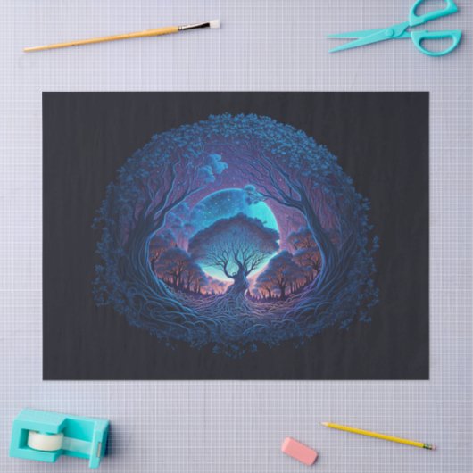 大きな月の切り離しによって照らされる神秘的な根の木 薄葉紙 (クラフト)