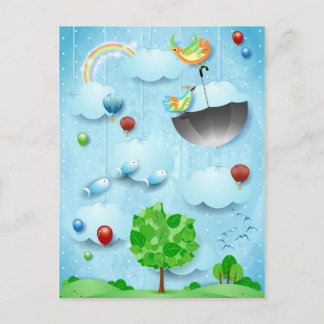 大きな木と飛んでいる鳥 ポストカード
