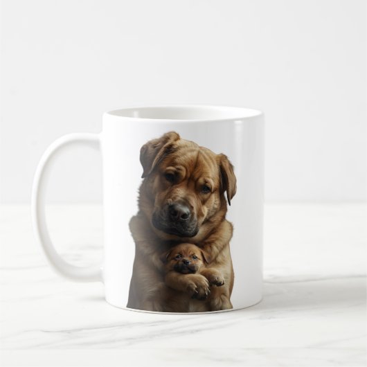 大きな犬が小さな子犬の泣き顔を慰めるマグカップ コーヒーマグカップ (左)