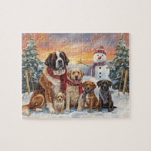 大きな犬と小さな犬の冬の雪だるまアート ジグソーパズル (横)