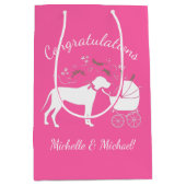 大きな犬の赤ちゃんシャワーパピーピンクガール ミディアムペーパーバッグ (正面)