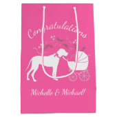 大きな犬の赤ちゃんシャワーパピーピンクガール ミディアムペーパーバッグ (裏面)