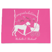 大きな犬の赤ちゃんシャワーパピーピンクガール ラージペーパーバッグ (正面)