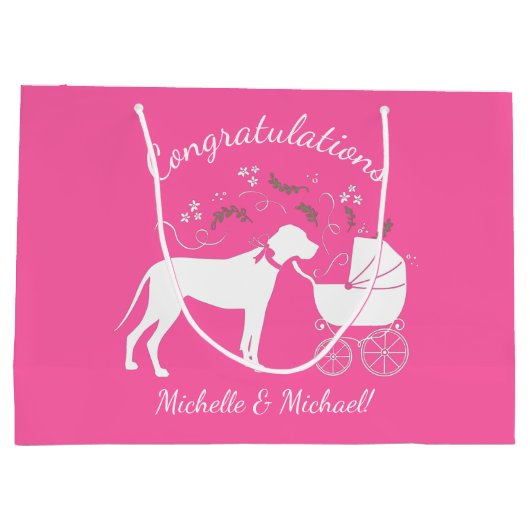 大きな犬の赤ちゃんシャワーパピーピンクガール ラージペーパーバッグ (裏面)