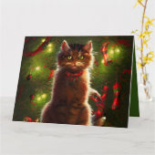 大きな猫とクリスマスツリーのグリーティングカード カード (黄色い花)