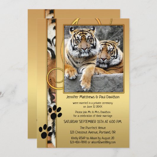 大きな猫タイガー金ゴールドポスト結婚式招待状 招待状 (正面/裏面)