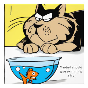 大きな猫、小さな金魚。編集可能文字。漫画 フォトプリント