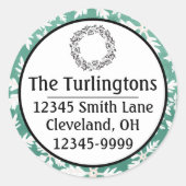 大きな白い雪の結晶が降る 緑の戻り先住所 ラウンドシール (正面)