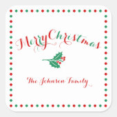 大きな白の赤の緑の正方形クリスマスステッカー スクエアシール (正面)