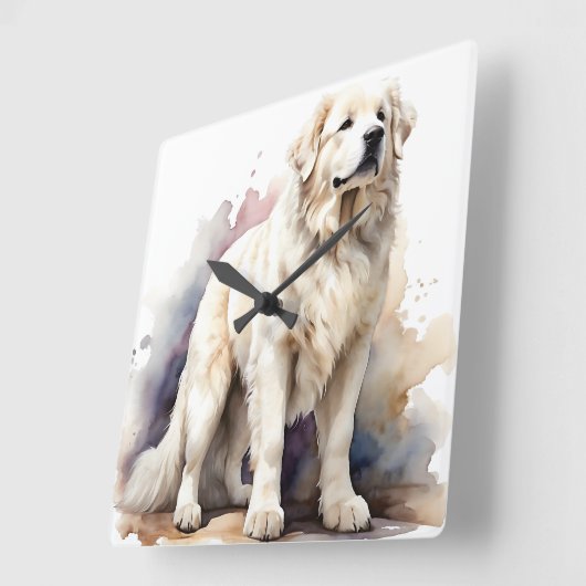 大きな白ふわふわ素晴らしのピレネー犬 スクエア壁時計 (傾斜)