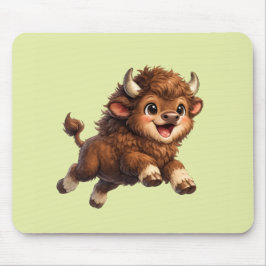 大きな目がかわいいアメリカバイソンが幸せに走る野生動物のキャラクター マウスパッド